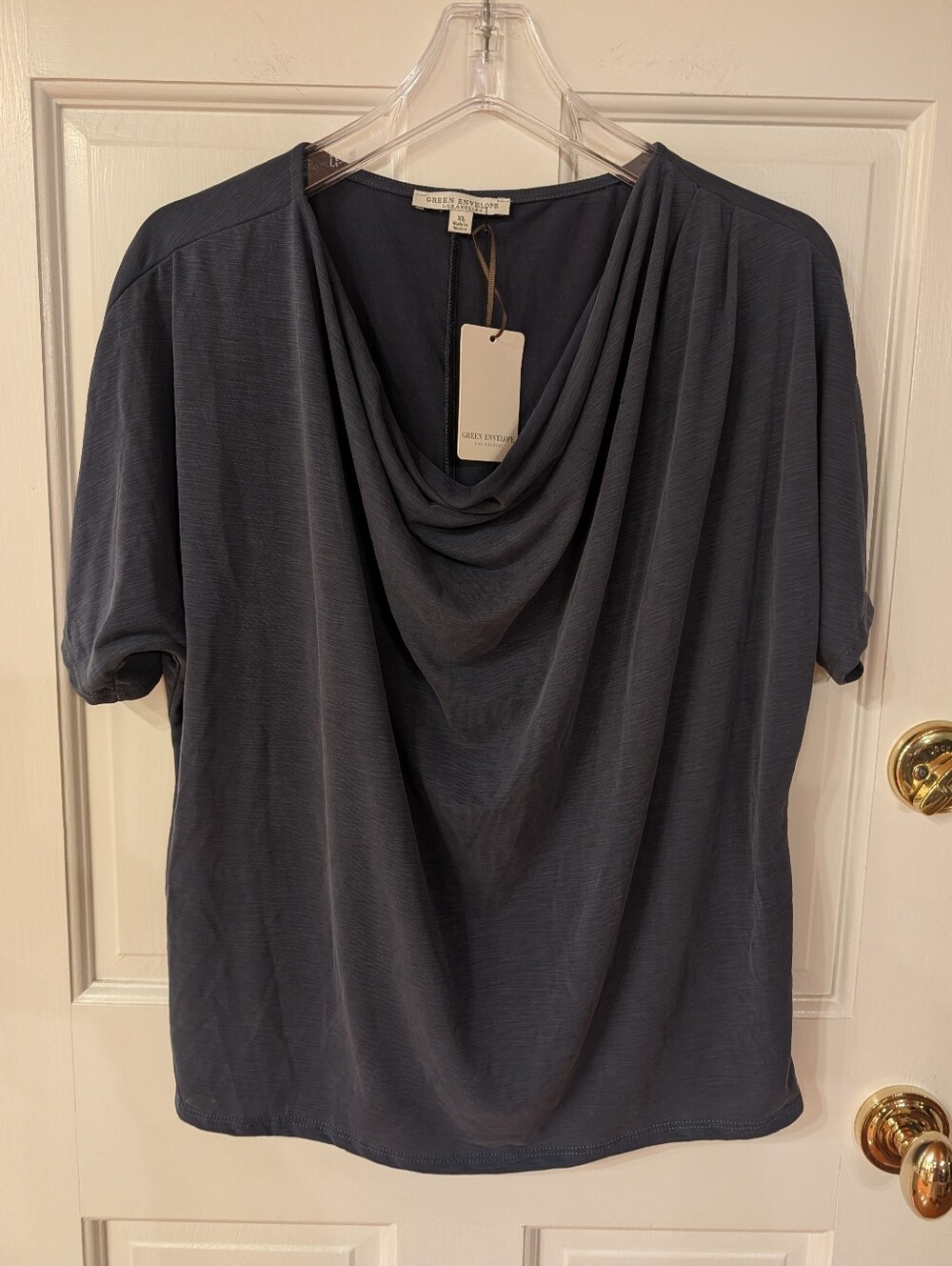 NWT Green Envelope Blue Drape Front Short-Sleeve Top Blouse Sz XL